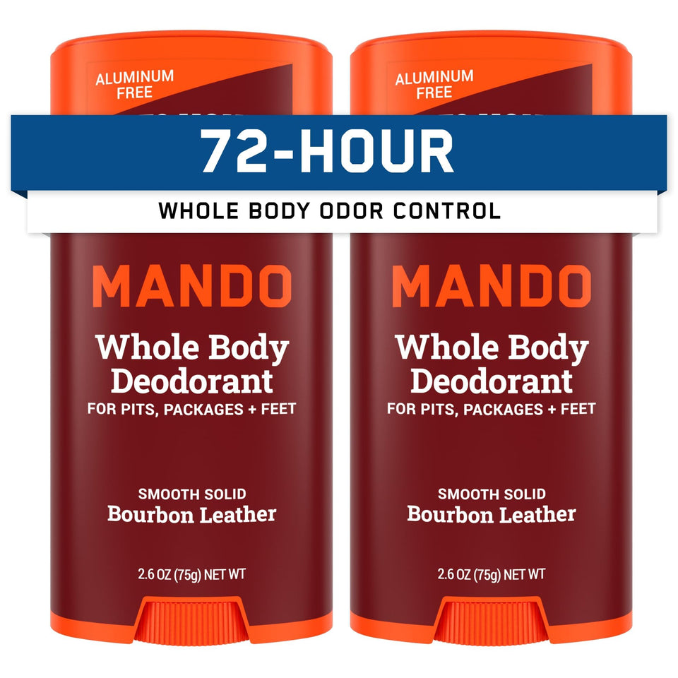 Mando Bourbon Leather front packaging showing scent and pack benefits