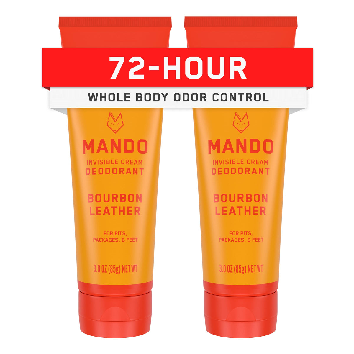 Mando tube front view showing bourbon leather scent and benefit of long-lasting odor control