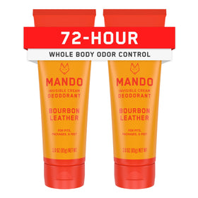 Mando tube front view showing bourbon leather scent and benefit of long-lasting odor control