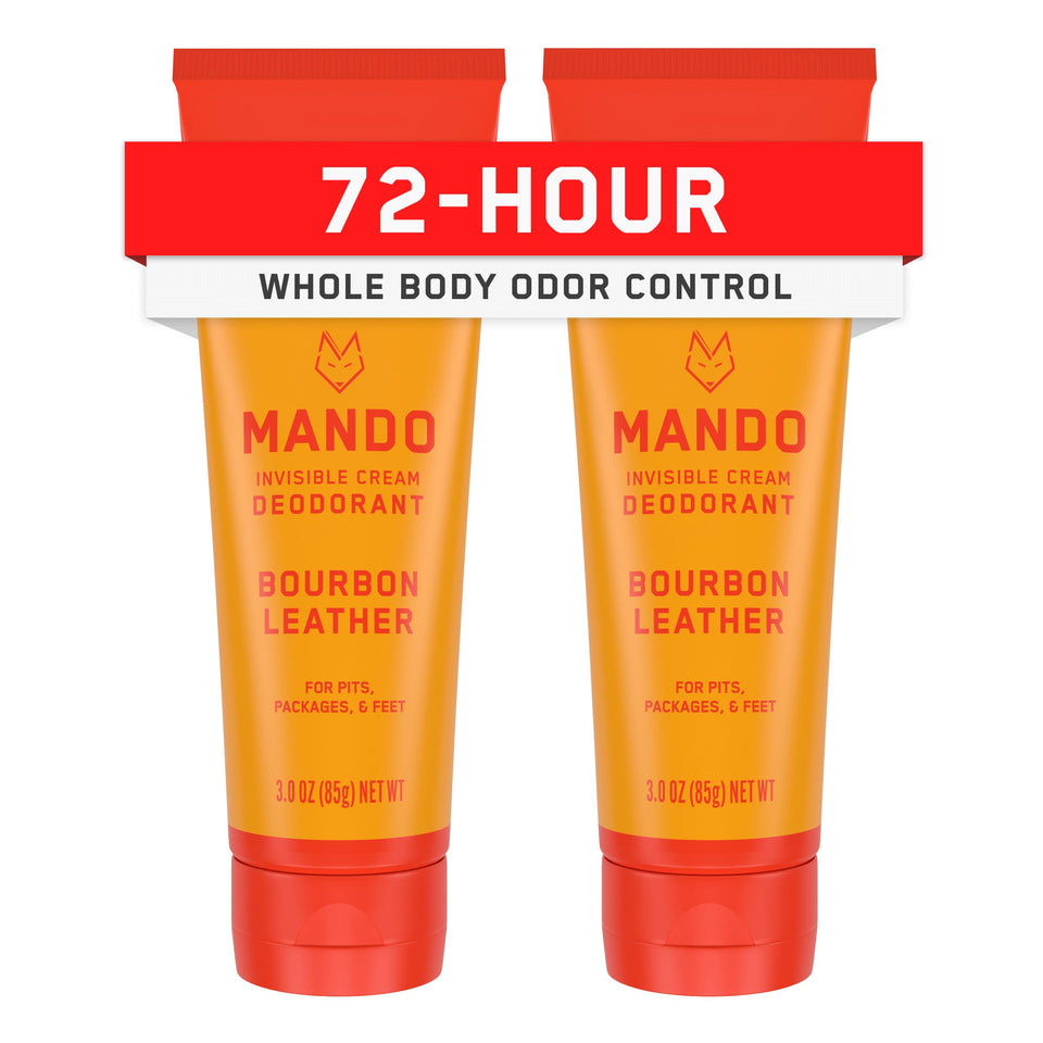 Mando tube front view showing bourbon leather scent and benefit of long-lasting odor control