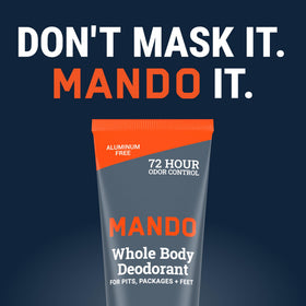 Mando close-up clinical badge showing hypoallergenic and safe features