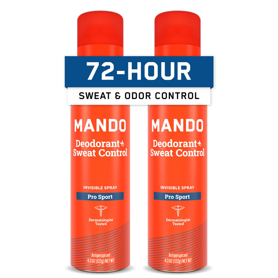 Mando front packaging showing Pro Sport spray and 2-pack benefits