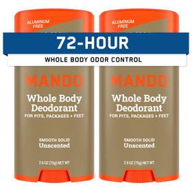 Mando front packaging showing unscented whole body deodorant benefits