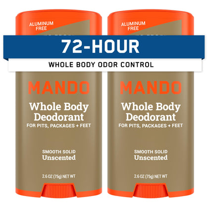 Mando front packaging showing unscented whole body deodorant benefits
