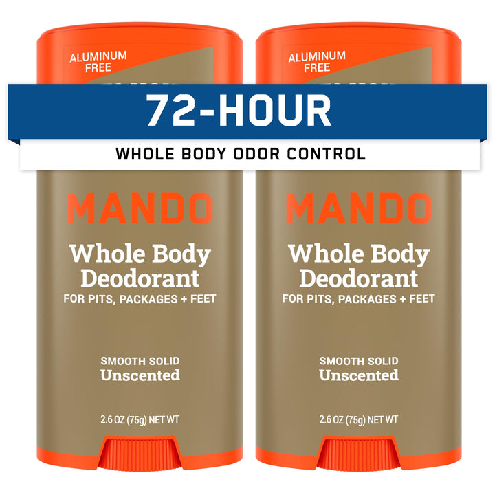 Mando front packaging showing unscented whole body deodorant benefits