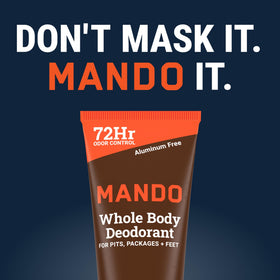 Mando label ingredients and features highlighting aluminum-free, baking soda-free benefit