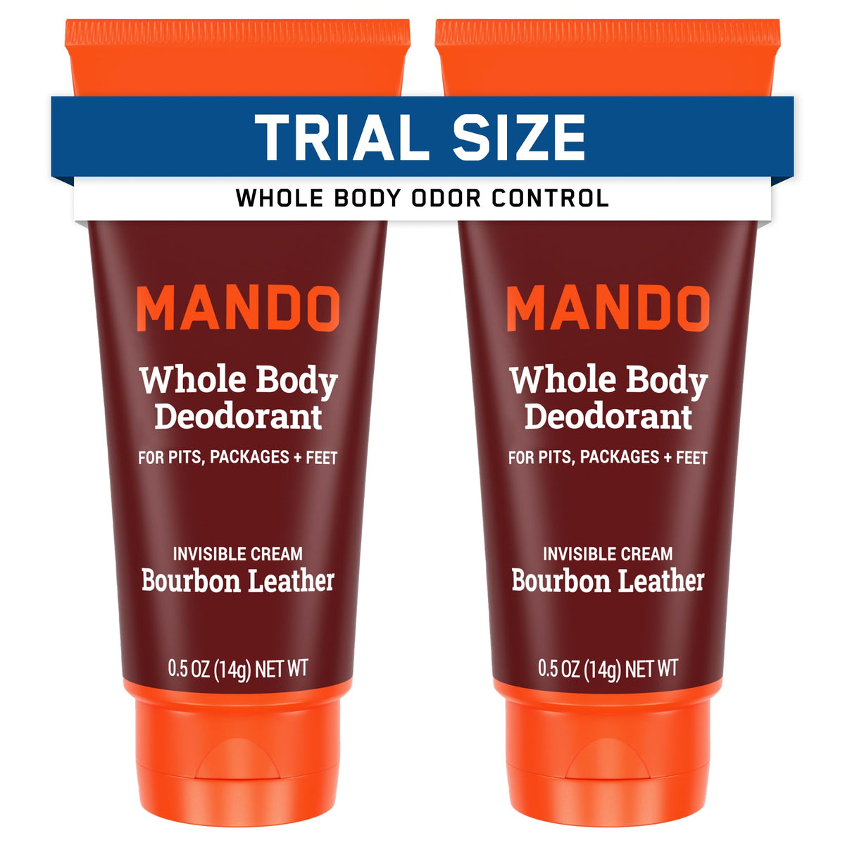 Mando mini tube front packaging showing Bourbon Leather scent and travel size benefit