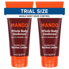 Mando mini tube front packaging showing Bourbon Leather scent and travel size benefit