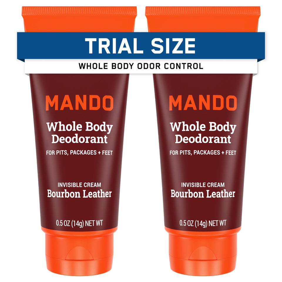 Mando mini tube front packaging showing Bourbon Leather scent and travel size benefit