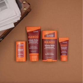 Mando ingredient label close-up showing aluminum-free, baking soda-free formulation benefit