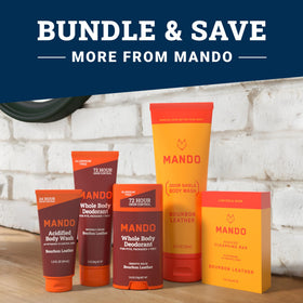 Hand holding Mando bottle for scale, communicates compact 8.5-ounce portability