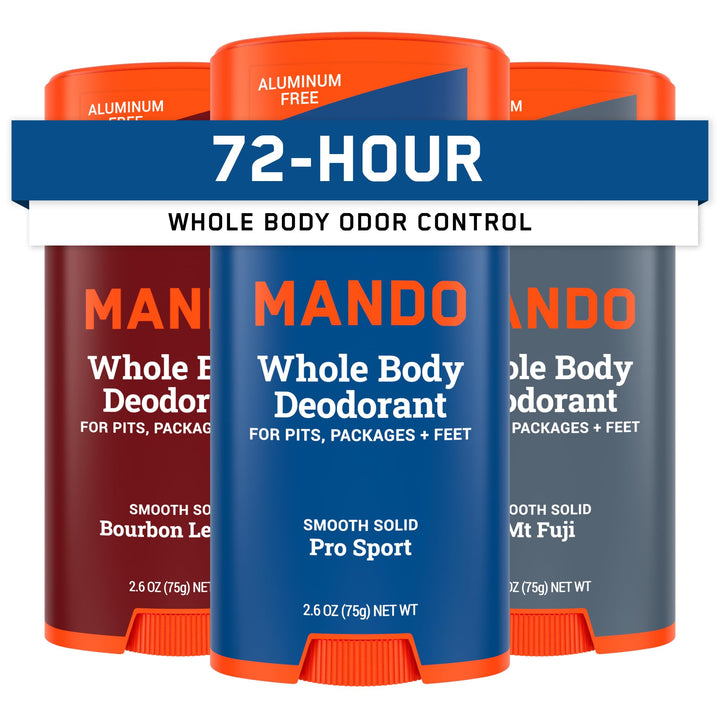 Mando front packaging showing compact solid stick and brand for travel convenience