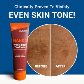 Mando three-ounce tube in hand illustrating portable size
