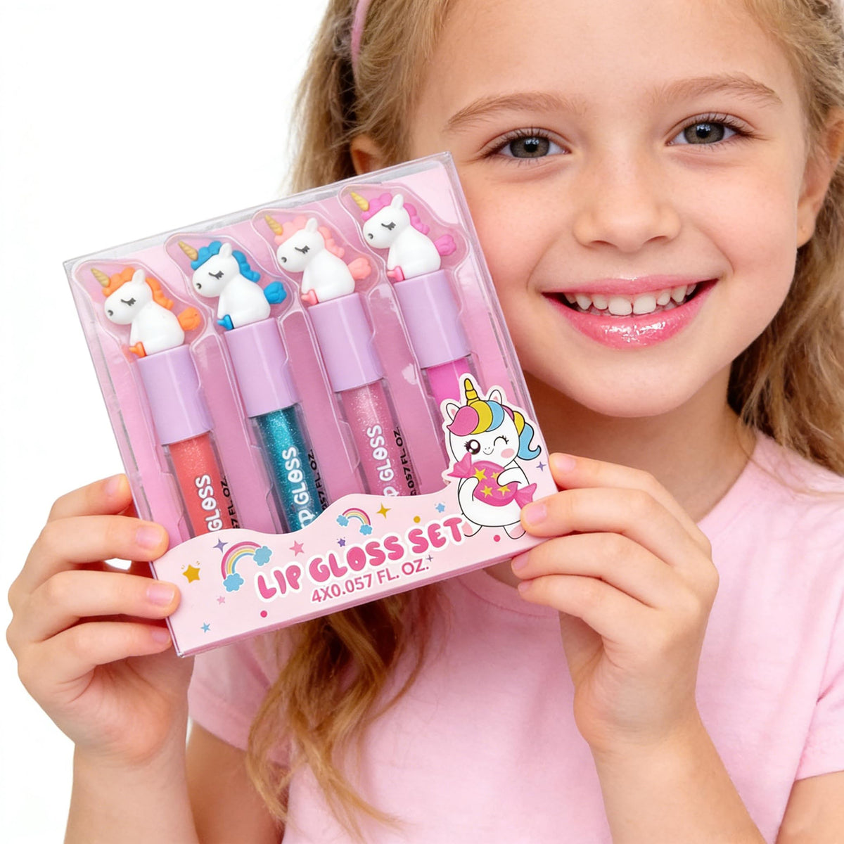 M&U MAKE YOU UP glitter pouch with glosses displayed for party favor presentation