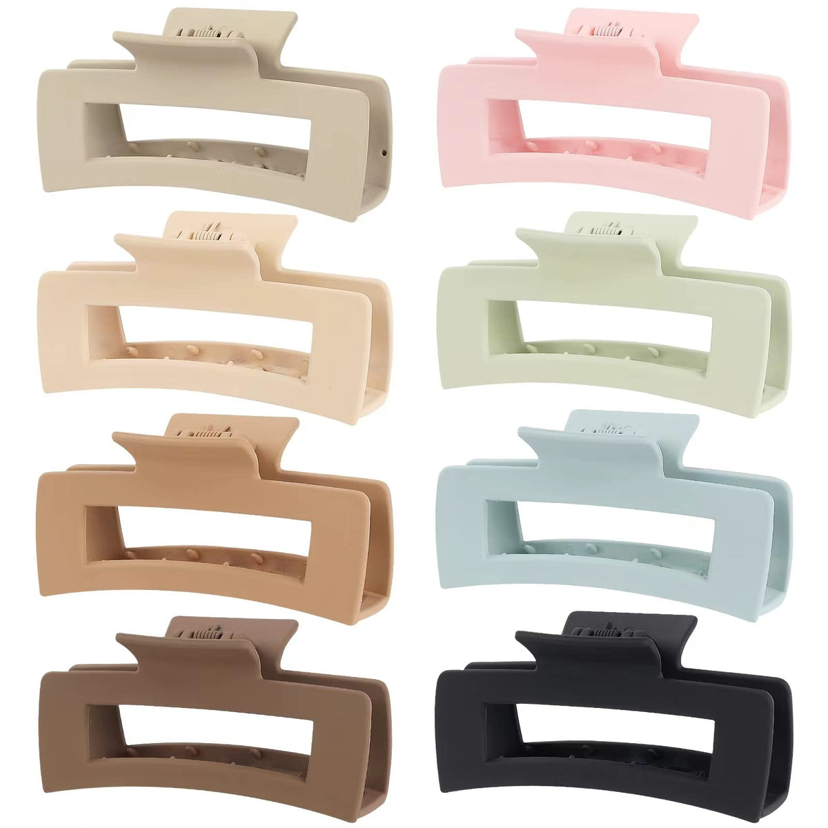 Mandydov front view of eight large matte hair claw clips showing colors and design, versatile styling