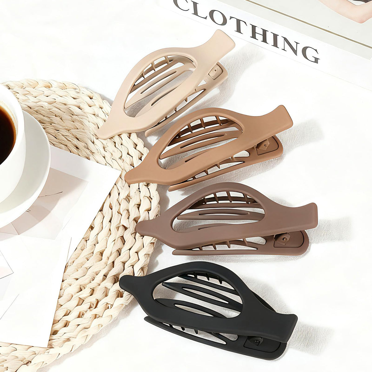 Mandydov neutral color spread in lifestyle scene showing outfit-matching convenience benefit
