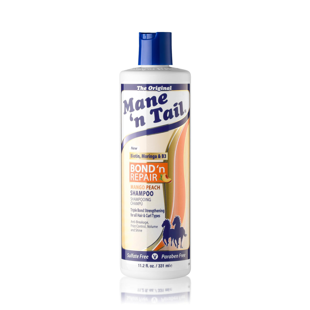 Mane 'n Tail front bottle shot showing label and mango-peach scent benefit