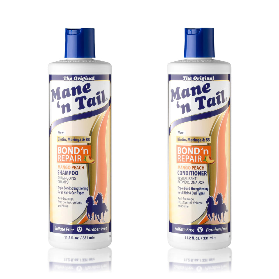 Mane 'n Tail front packaging of shampoo and conditioner showing size and label benefits