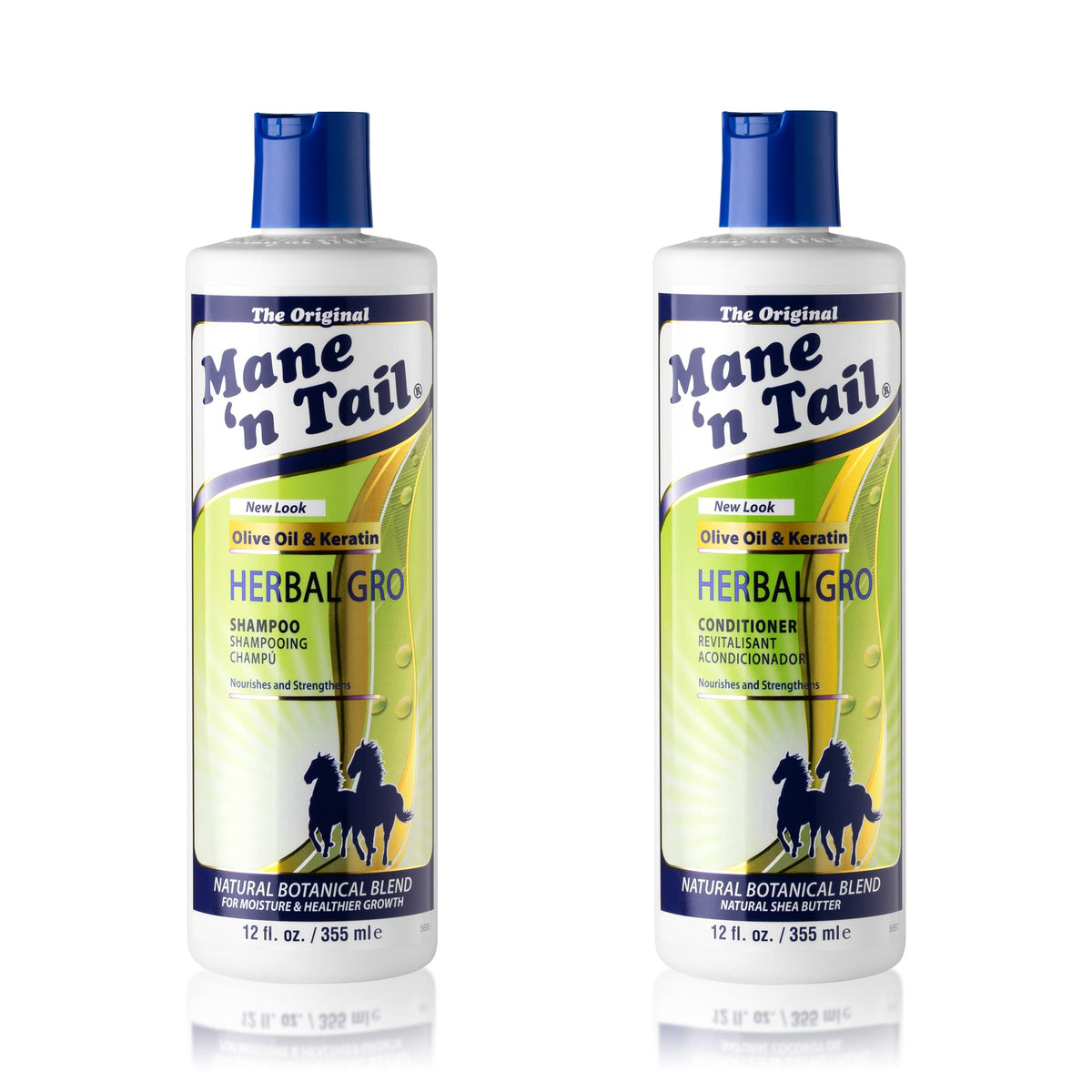 Mane 'n Tail front packaging pair showing both 12 oz bottles and benefits