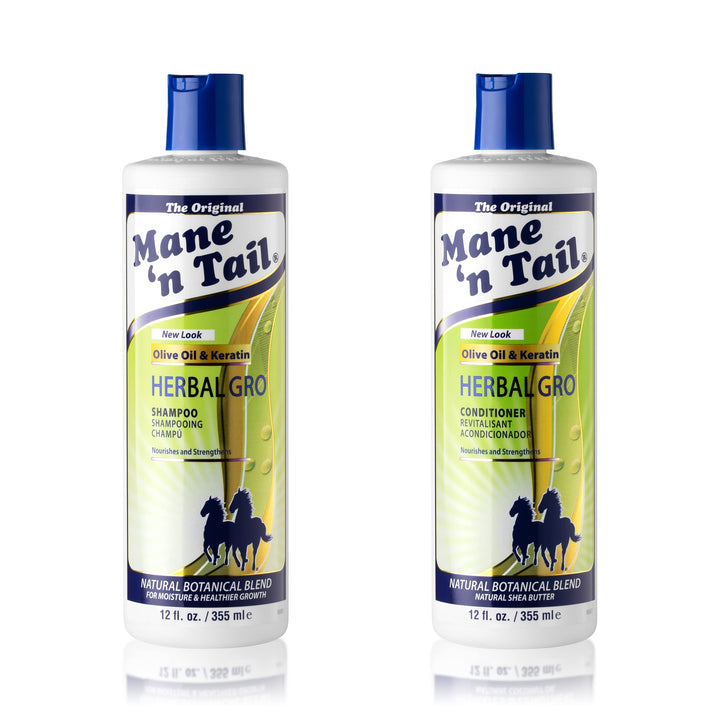 Mane 'n Tail front packaging pair showing both 12 oz bottles and benefits
