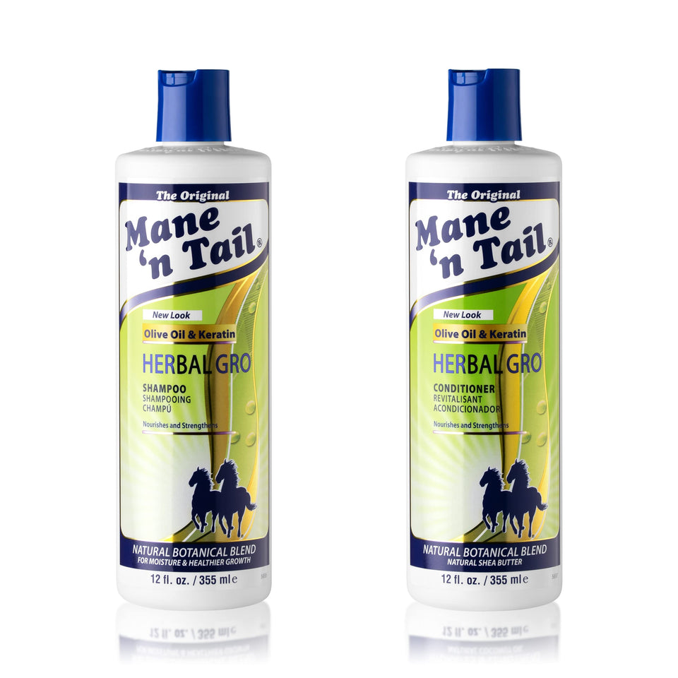 Mane 'n Tail front packaging pair showing both 12 oz bottles and benefits