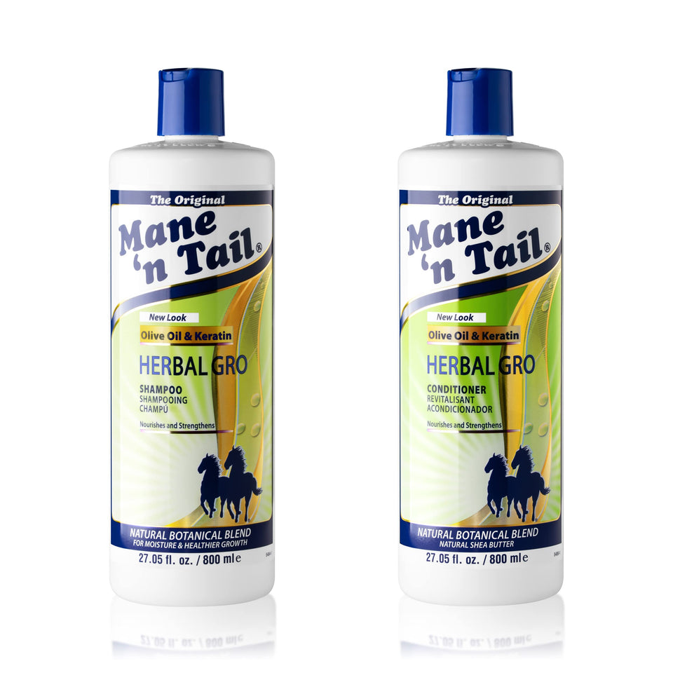 Mane 'n Tail front packaging showing full 27.05 oz bottles and benefits