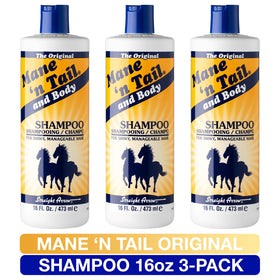Mane 'n Tail shampoo in use on human hair and pet coat for versatile care
