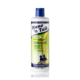 Mane 'n Tail bottle held in hand showing 12 oz scale and travel-friendly benefit