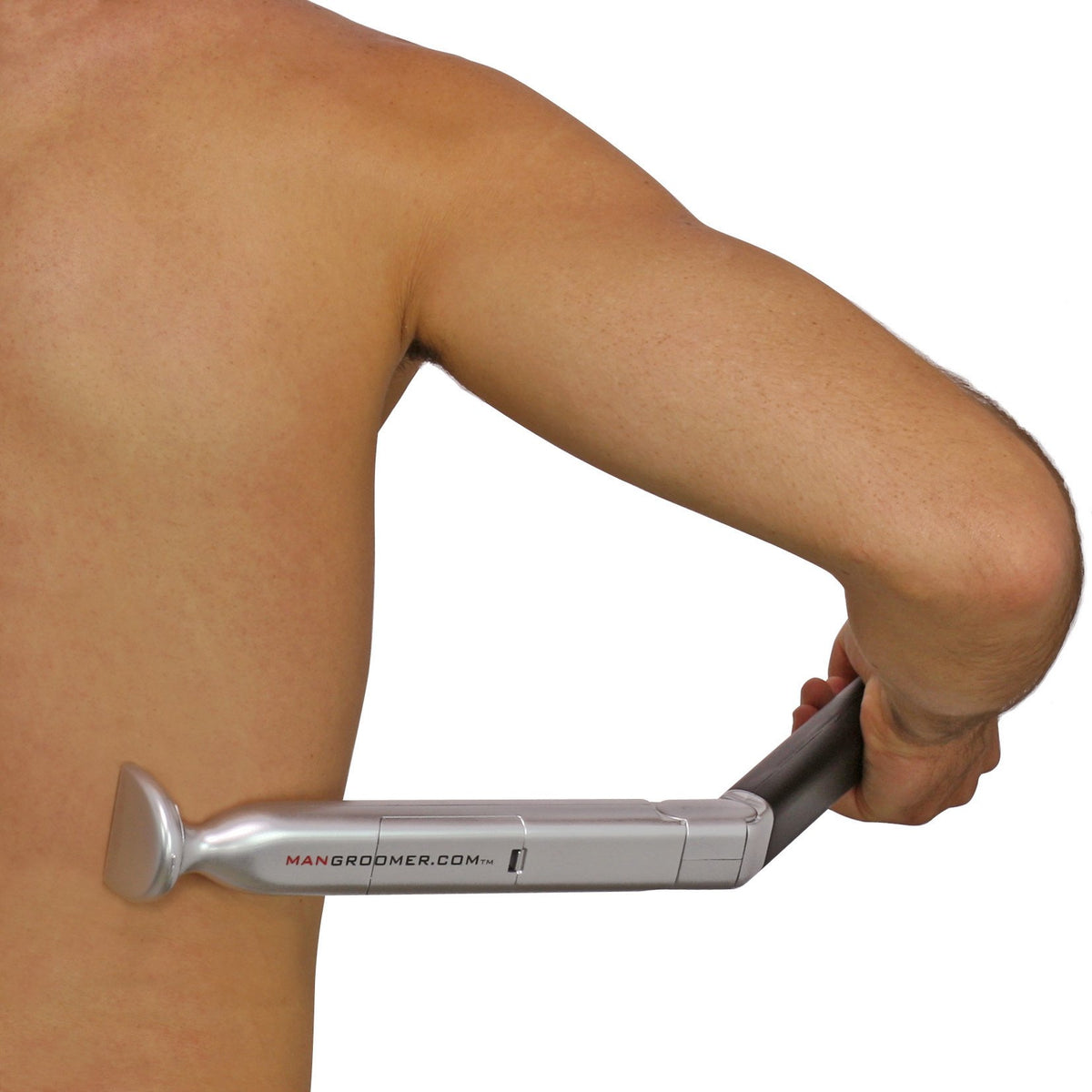 MANGROOMER battery compartment open accepts two AA batteries for portability