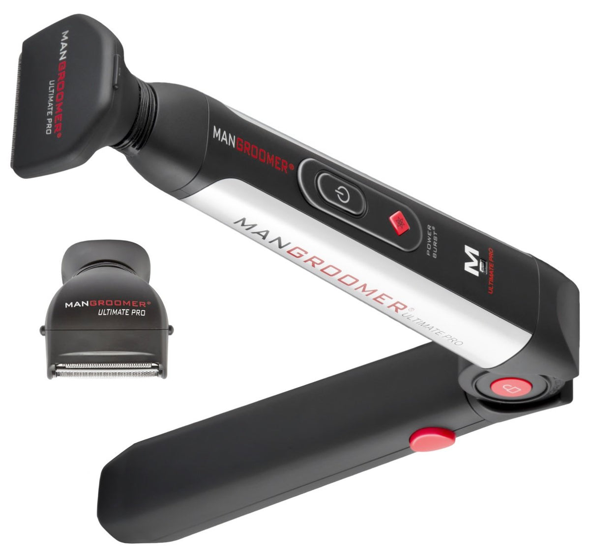 MANGROOMER front view showing black and red shaver, clear design and reach benefit