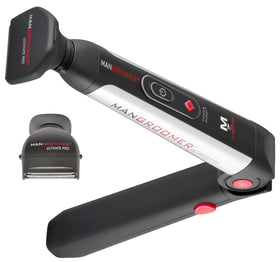 MANGROOMER front view showing black and red shaver, clear design and reach benefit