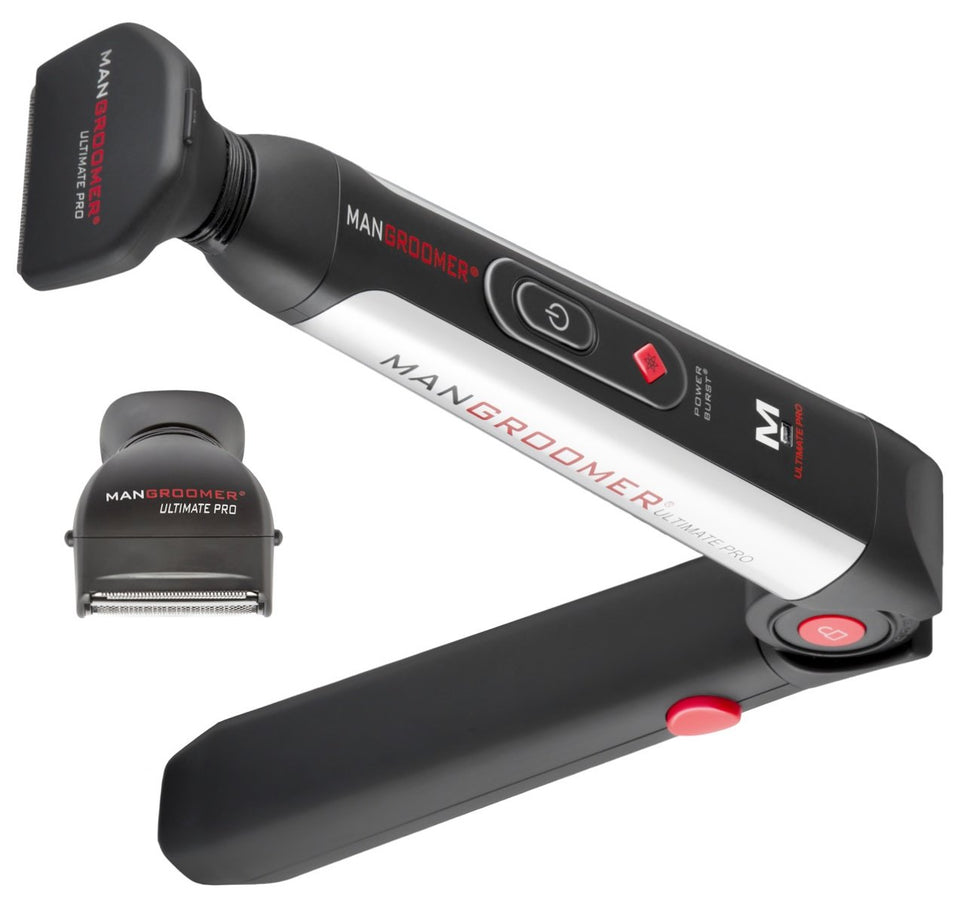 MANGROOMER front view showing black and red shaver, clear design and reach benefit