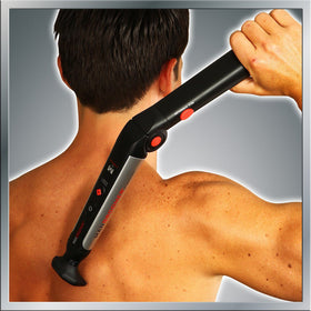 MANGROOMER in use on a male back demonstrating self-shaving convenience