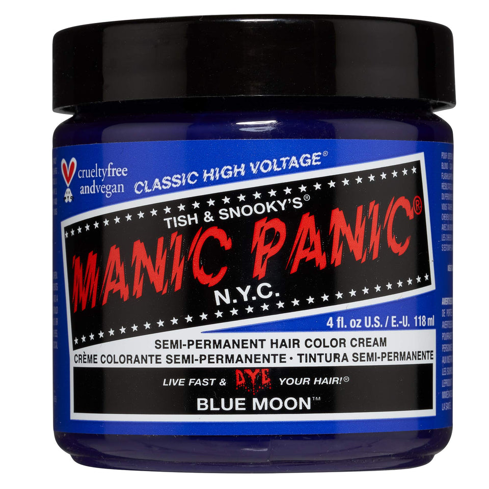 MANIC PANIC Blue Moon front tub showing vibrant neon blue shade and clear branding benefit