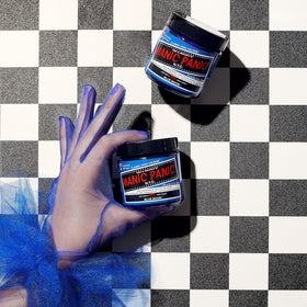 MANIC PANIC Blue Moon label details emphasizing vegan, ammonia-free formula benefits