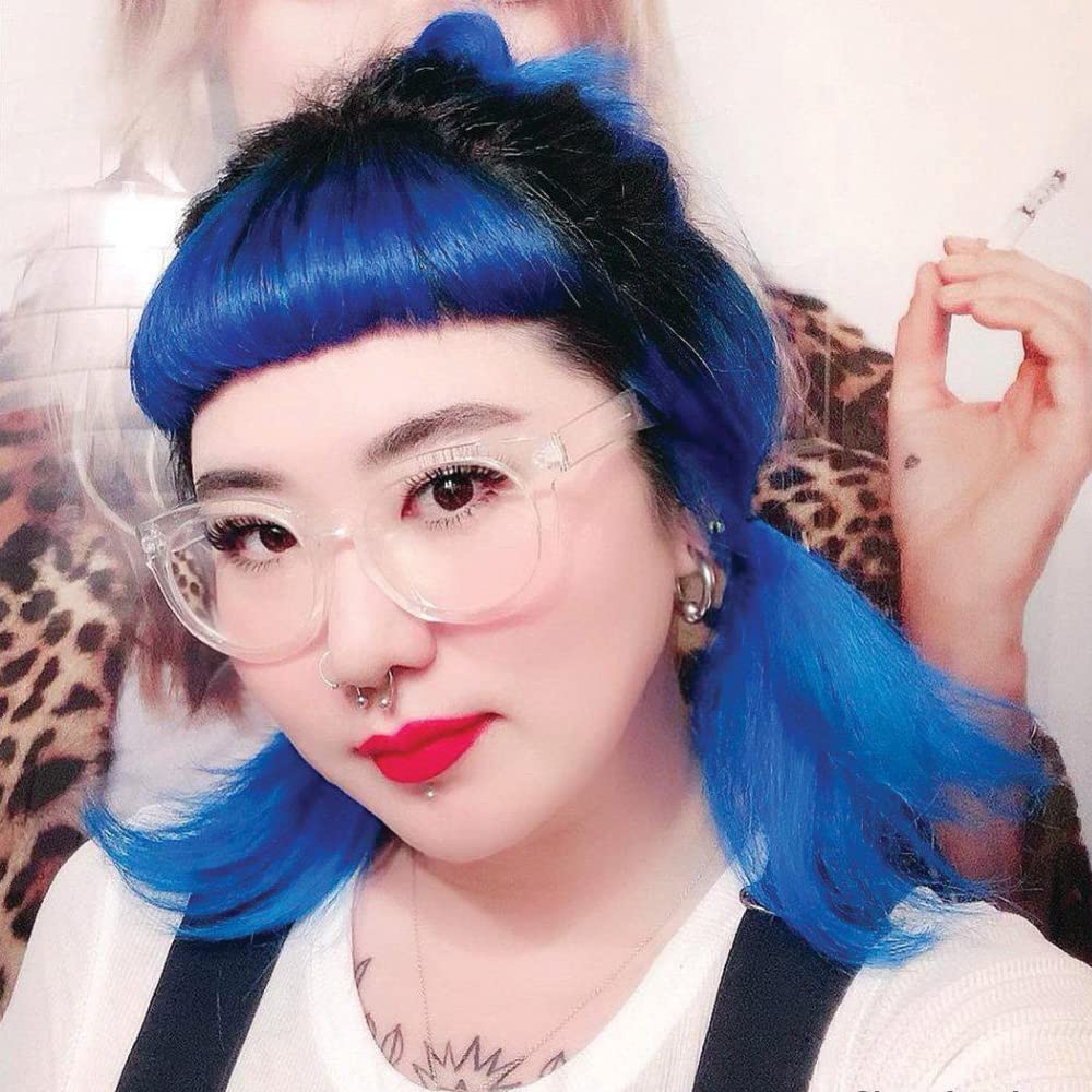 MANIC PANIC Blue Moon streaked hair close-up showing glossy, conditioned blue finish benefit