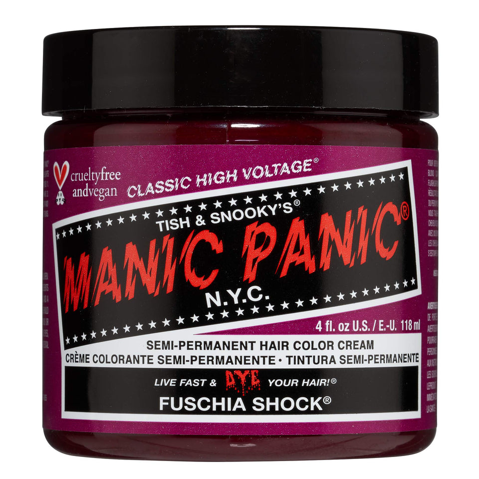 MANIC PANIC tub front view showing Fuschia Shock and bold packaging benefit