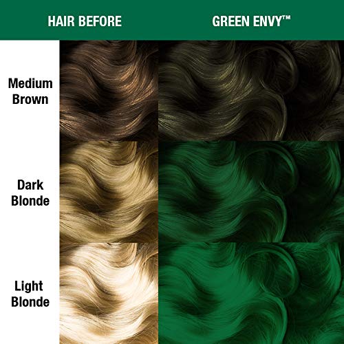 MANIC PANIC before and after on bleached hair showing vivid emerald payoff