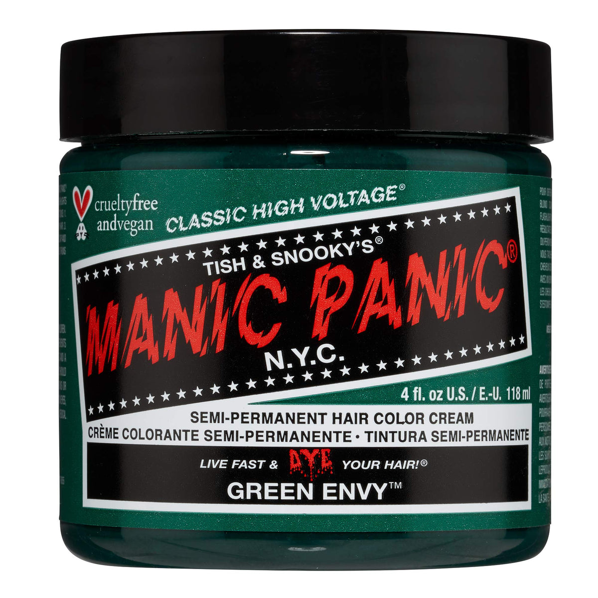 MANIC PANIC front packaging showing emerald green tub and label, vibrant result
