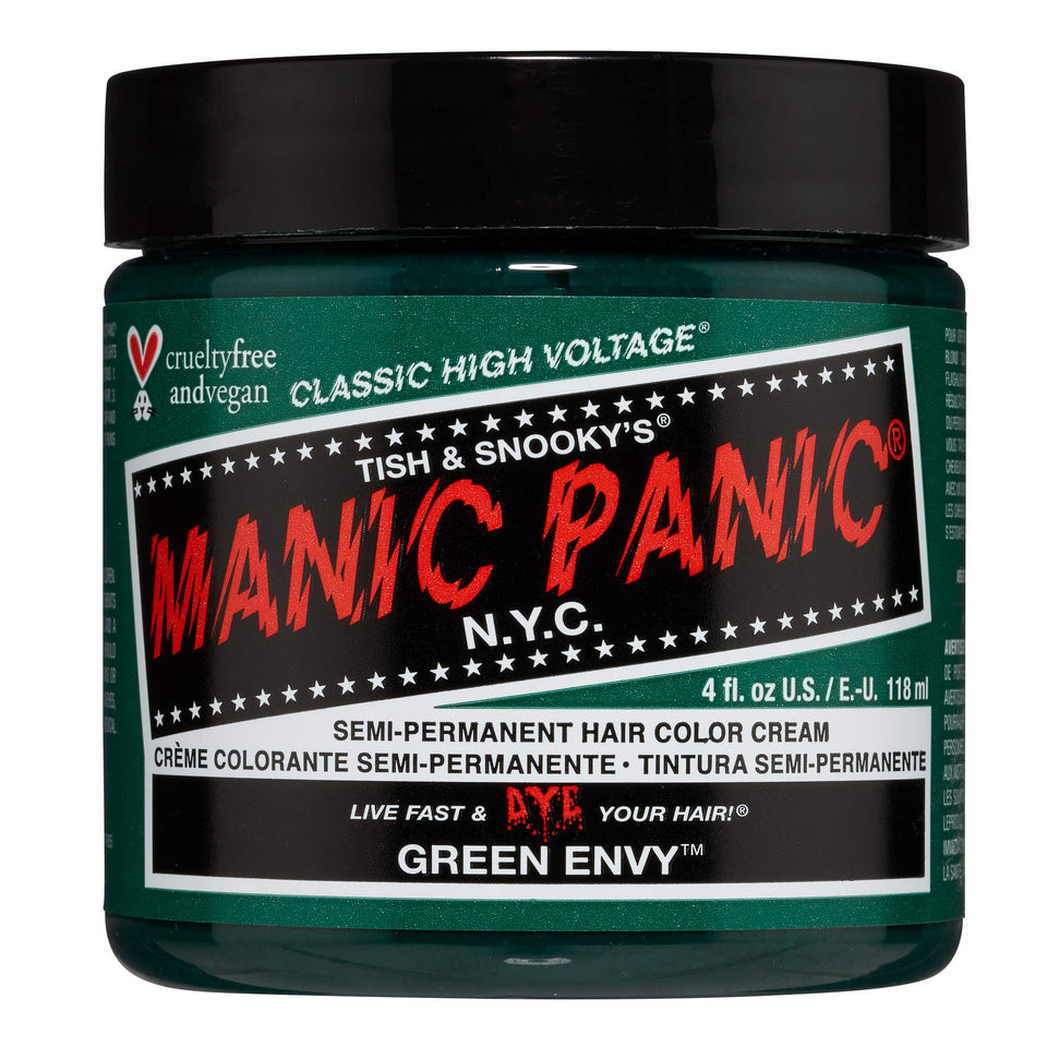 MANIC PANIC front packaging showing emerald green tub and label, vibrant result