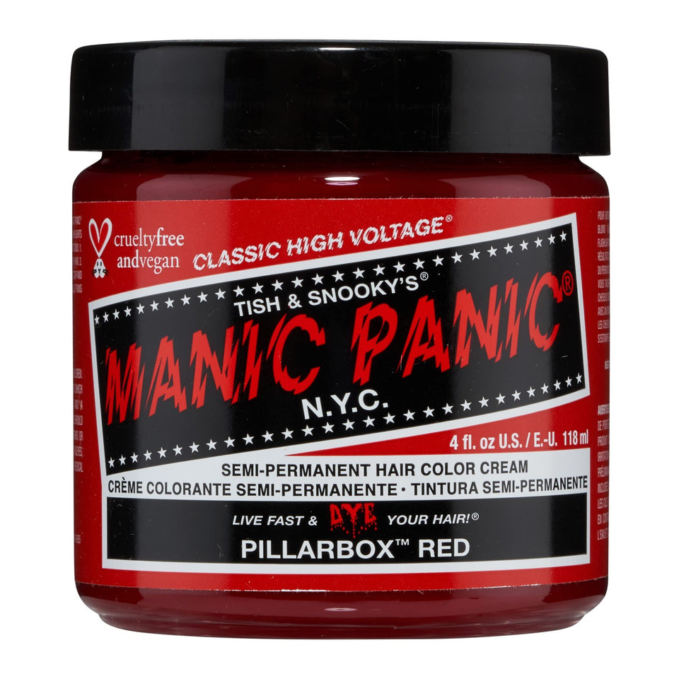 MANIC PANIC tub front showing Pillarbox Red label and brand, vibrant packaging benefit