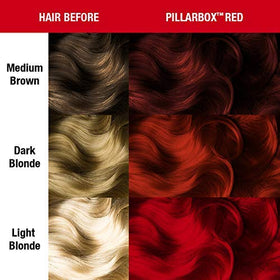MANIC PANIC Pillarbox Red on dark hair showing deeper red tones and glossy finish