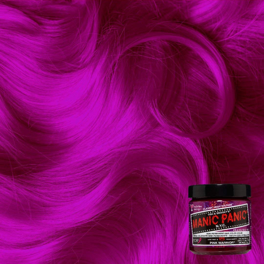 MANIC PANIC before and after on dark hair showing rich Pink Warrior tone benefit