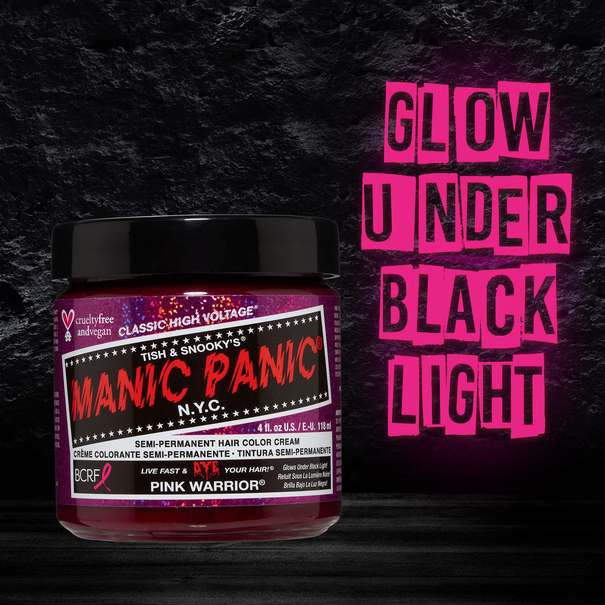 MANIC PANIC close-up label of Pink Warrior highlighting clean, vegan formulation benefit
