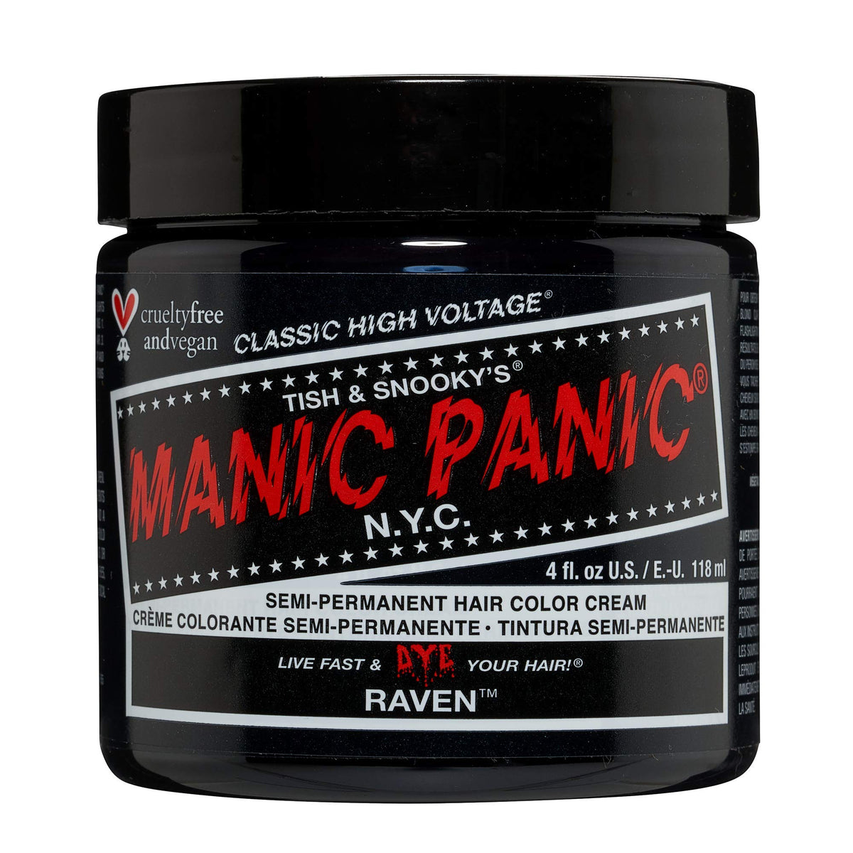 MANIC PANIC Raven front packaging showing shade and tub for easy selection