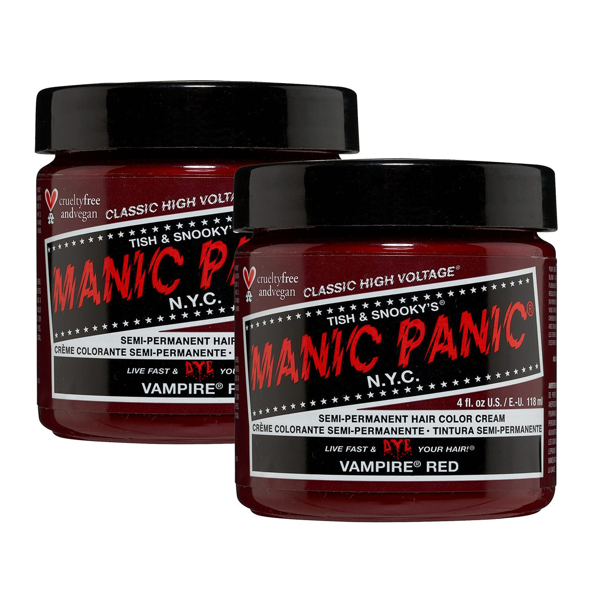 MANIC PANIC front view of two Vampire Red 4oz tubs showing packaging and size benefit
