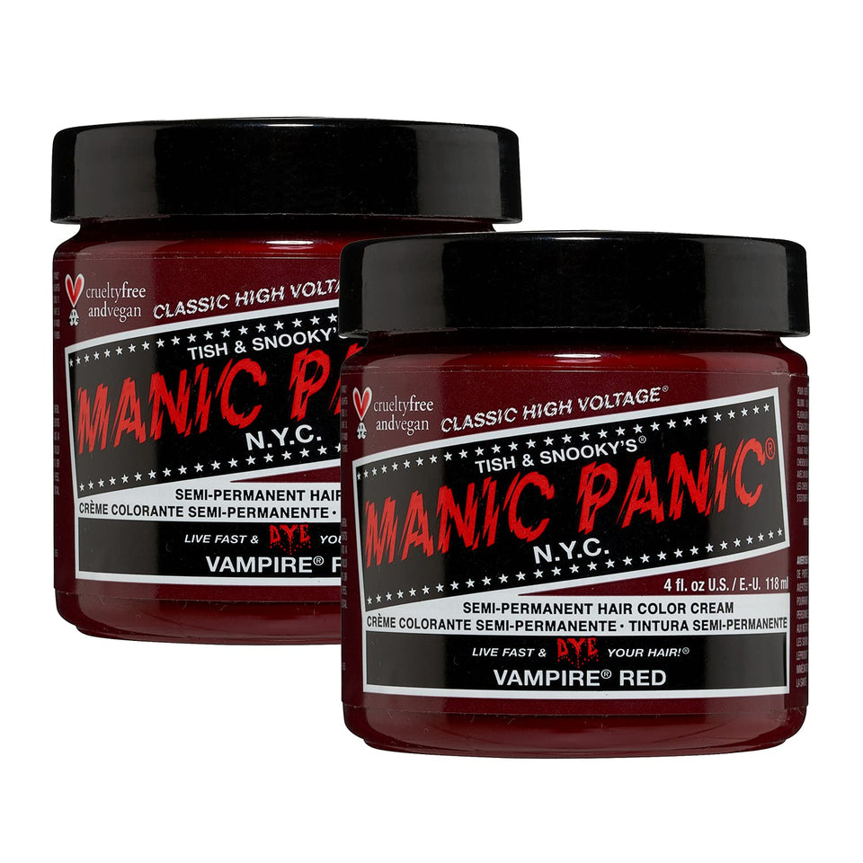 MANIC PANIC front view of two Vampire Red 4oz tubs showing packaging and size benefit