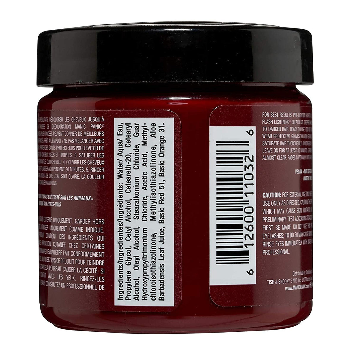 MANIC PANIC swatch on a hair strand showing true Vampire Red pigment and fade example