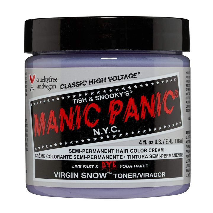 MANIC PANIC jar front view showing Virgin Snow blue toner and brand benefit