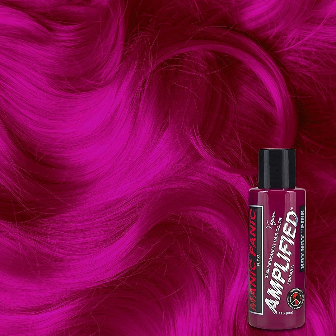 MANIC PANIC applied on bleached hair streak illustrating intense neon pink payoff
